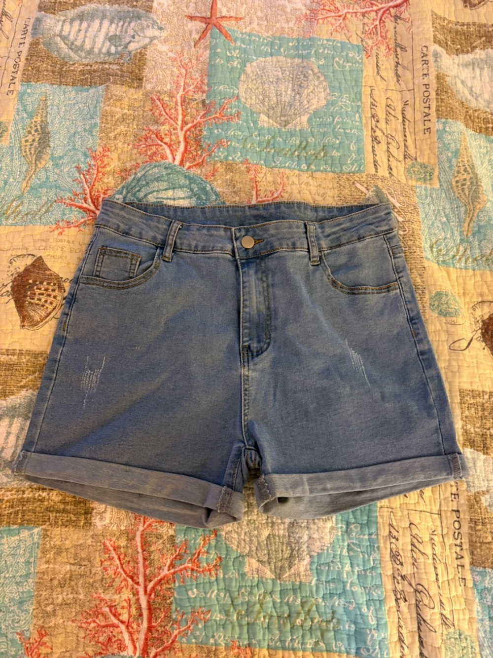 Shein High-Rise Blue Denim Rolled-Hem Shorts